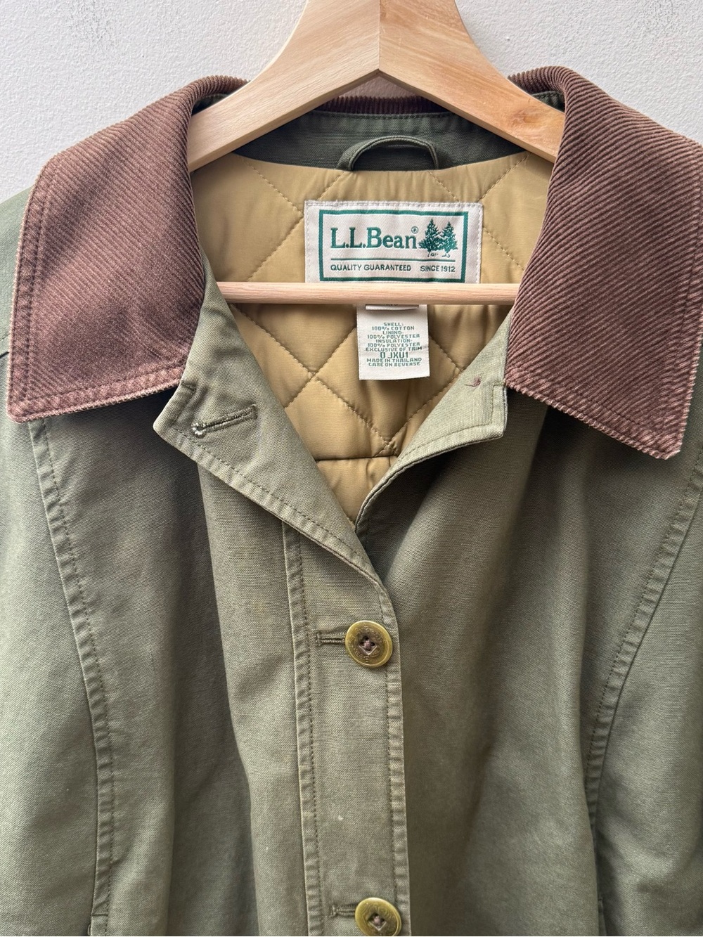 L.L. Bean Olive Green Barn Jacket with Brown Corduroy Collar - Picture 2 of 10